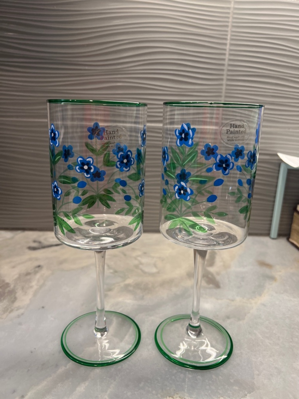 NWT - Blue Floral Hand-Painted Wine Glasses with Green Trim (Pair) - Picture 4 of 4